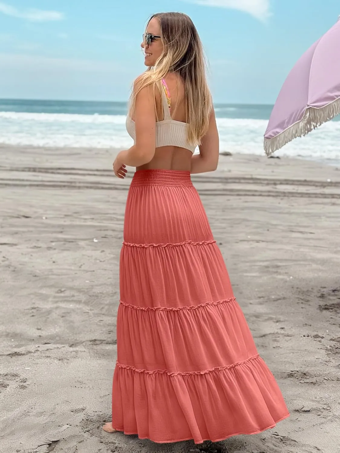 Womens Summer Boho Maxi Skirts Smocked High Wasited Flowy Tiered Ruffle A Line Long Beach Skirt
