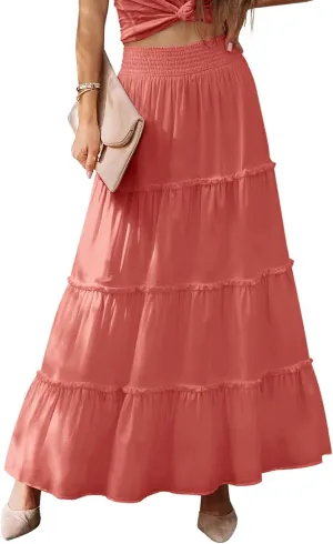 Womens Summer Boho Maxi Skirts Smocked High Wasited Flowy Tiered Ruffle A Line Long Beach Skirt
