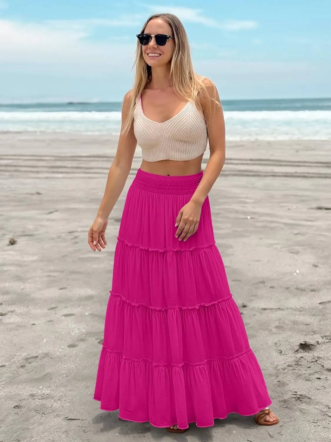 Womens Summer Boho Maxi Skirts Smocked High Wasited Flowy Tiered Ruffle A Line Long Beach Skirt