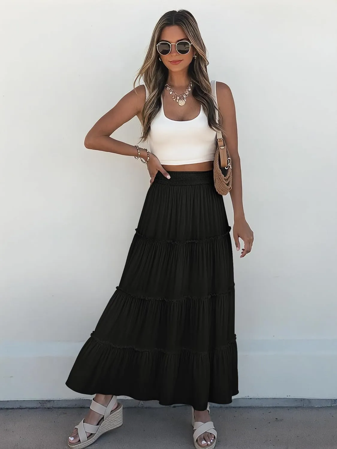 Womens Summer Boho Maxi Skirts Smocked High Wasited Flowy Tiered Ruffle A Line Long Beach Skirt