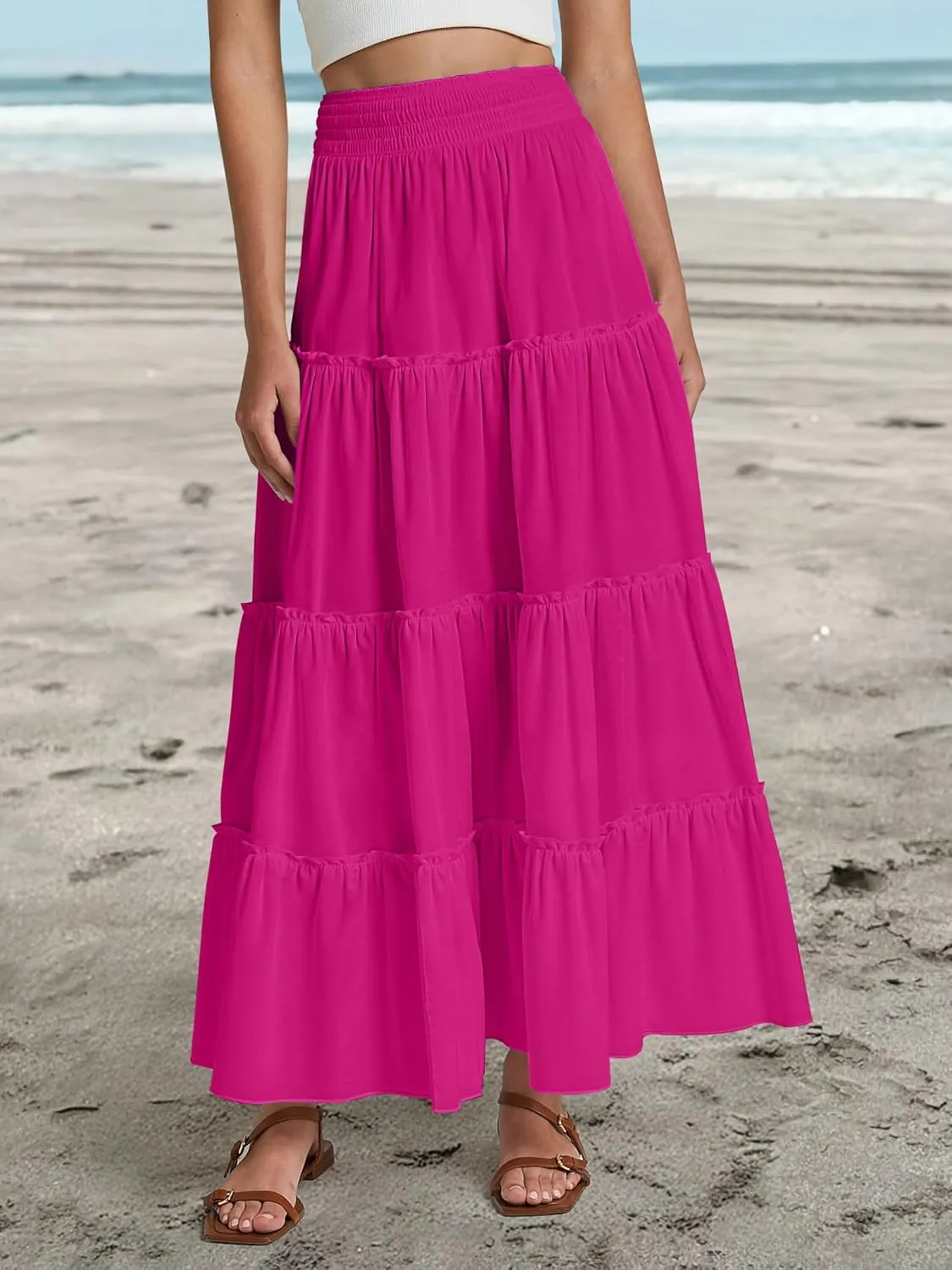 Womens Summer Boho Maxi Skirts Smocked High Wasited Flowy Tiered Ruffle A Line Long Beach Skirt