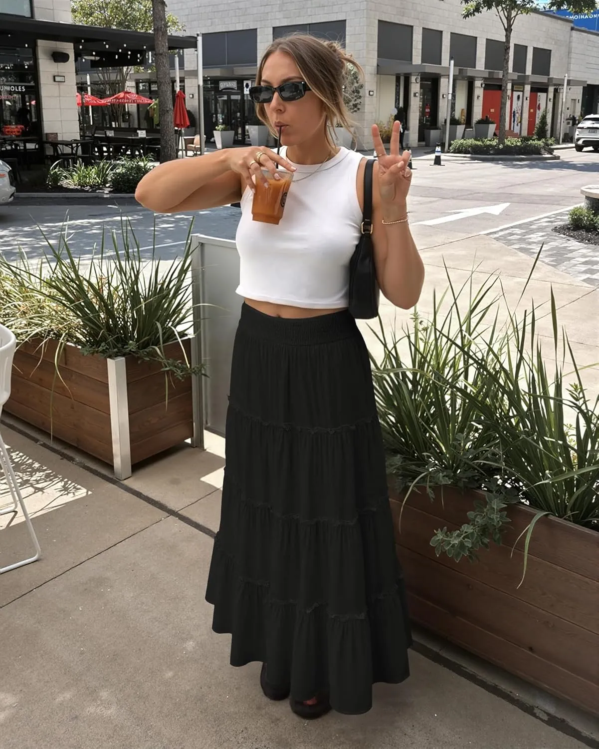 Womens Summer Boho Maxi Skirts Smocked High Wasited Flowy Tiered Ruffle A Line Long Beach Skirt