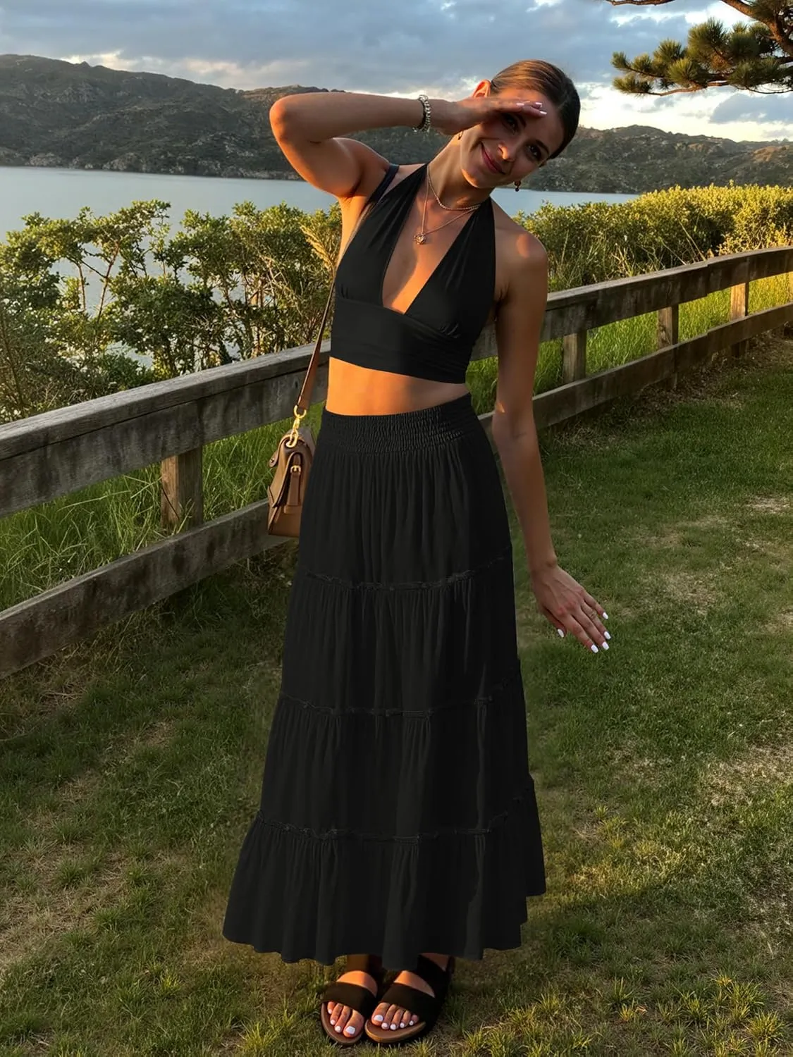 Womens Summer Boho Maxi Skirts Smocked High Wasited Flowy Tiered Ruffle A Line Long Beach Skirt