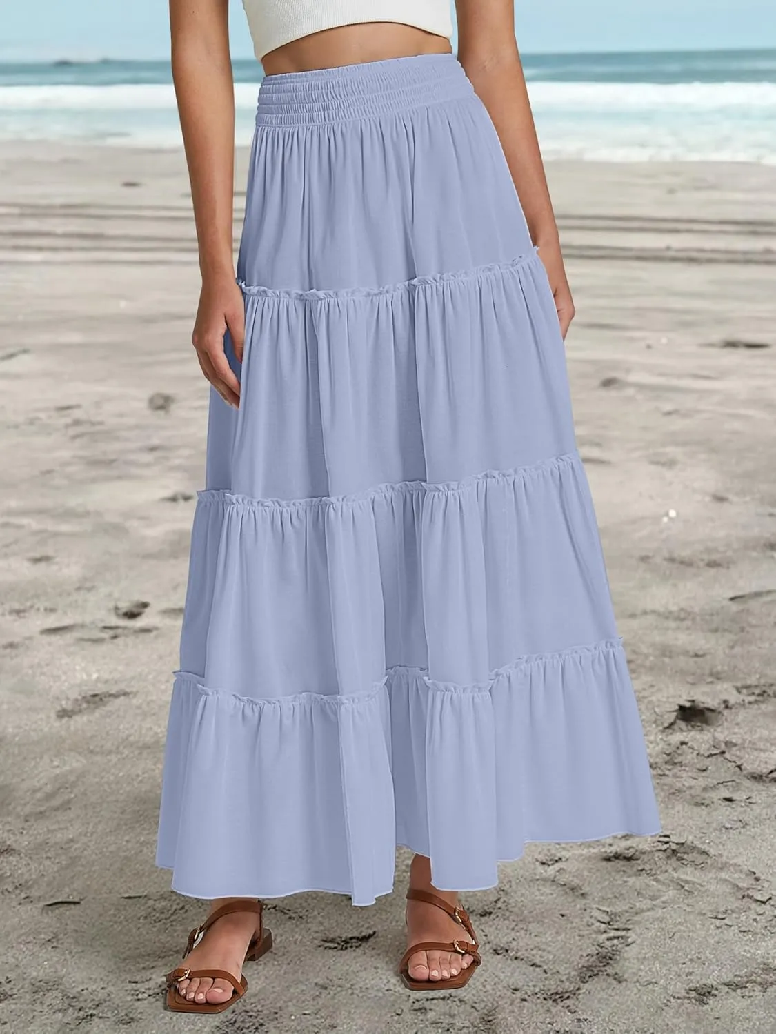 Womens Summer Boho Maxi Skirts Smocked High Wasited Flowy Tiered Ruffle A Line Long Beach Skirt