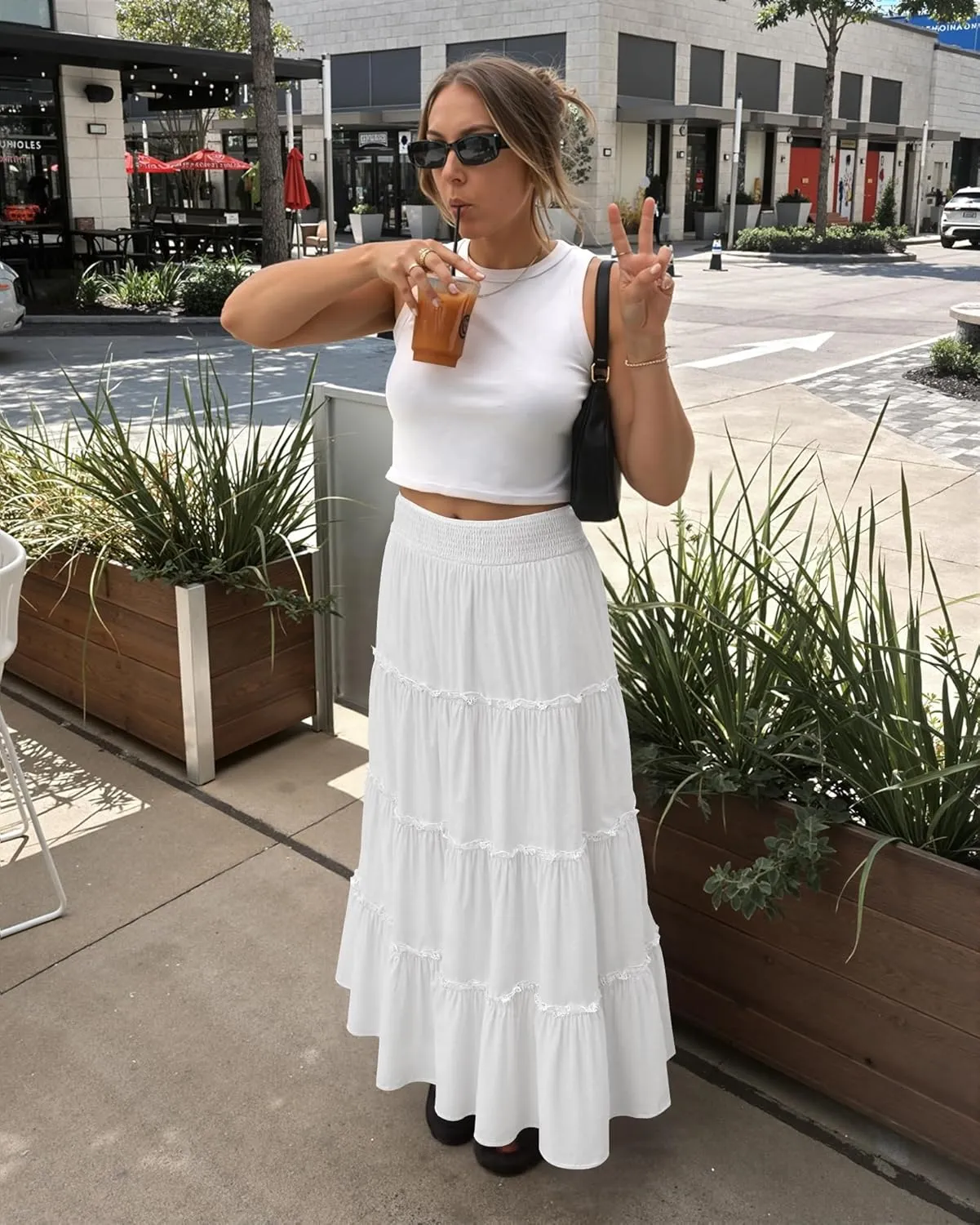 Womens Summer Boho Maxi Skirts Smocked High Wasited Flowy Tiered Ruffle A Line Long Beach Skirt