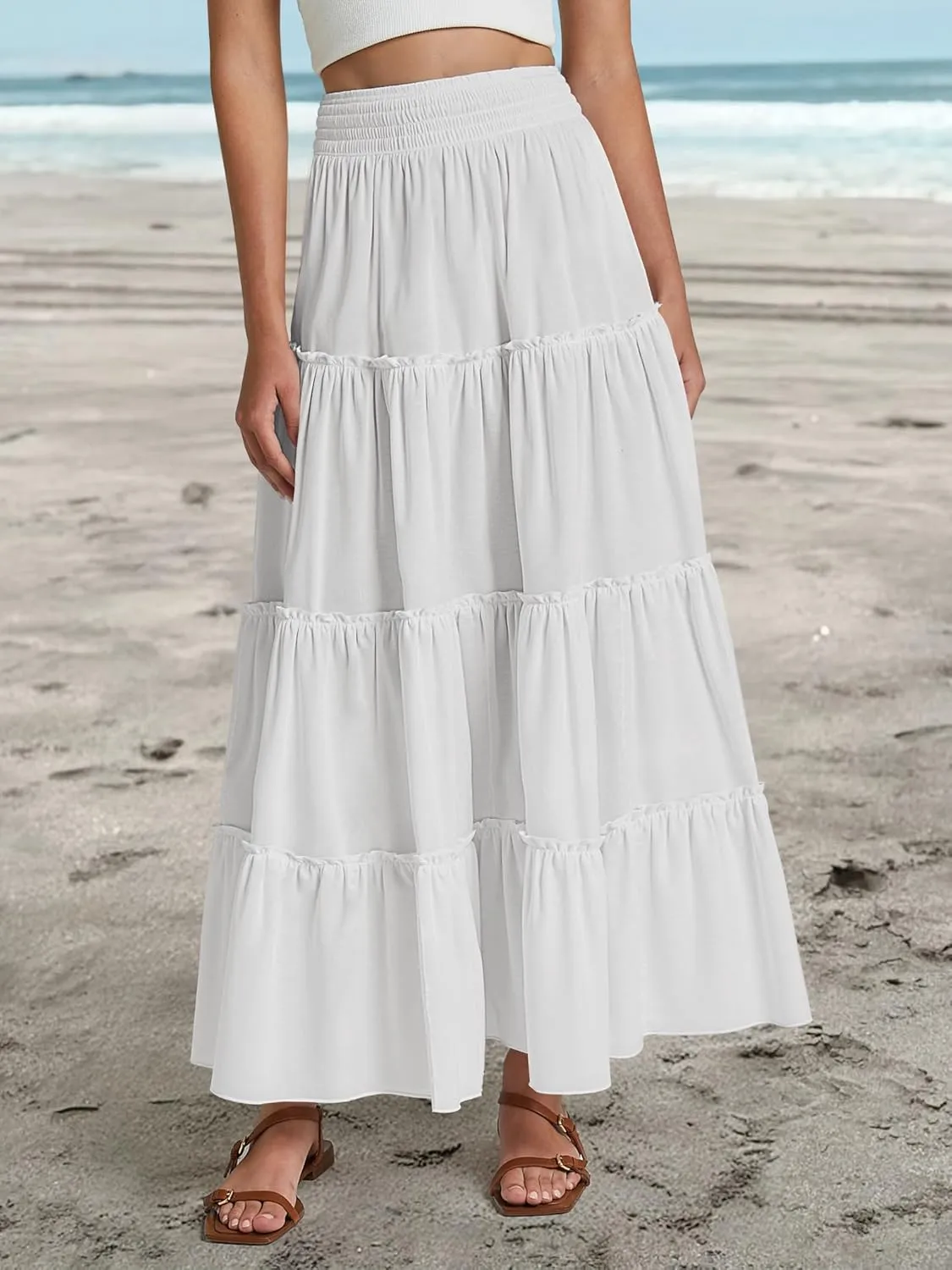Womens Summer Boho Maxi Skirts Smocked High Wasited Flowy Tiered Ruffle A Line Long Beach Skirt