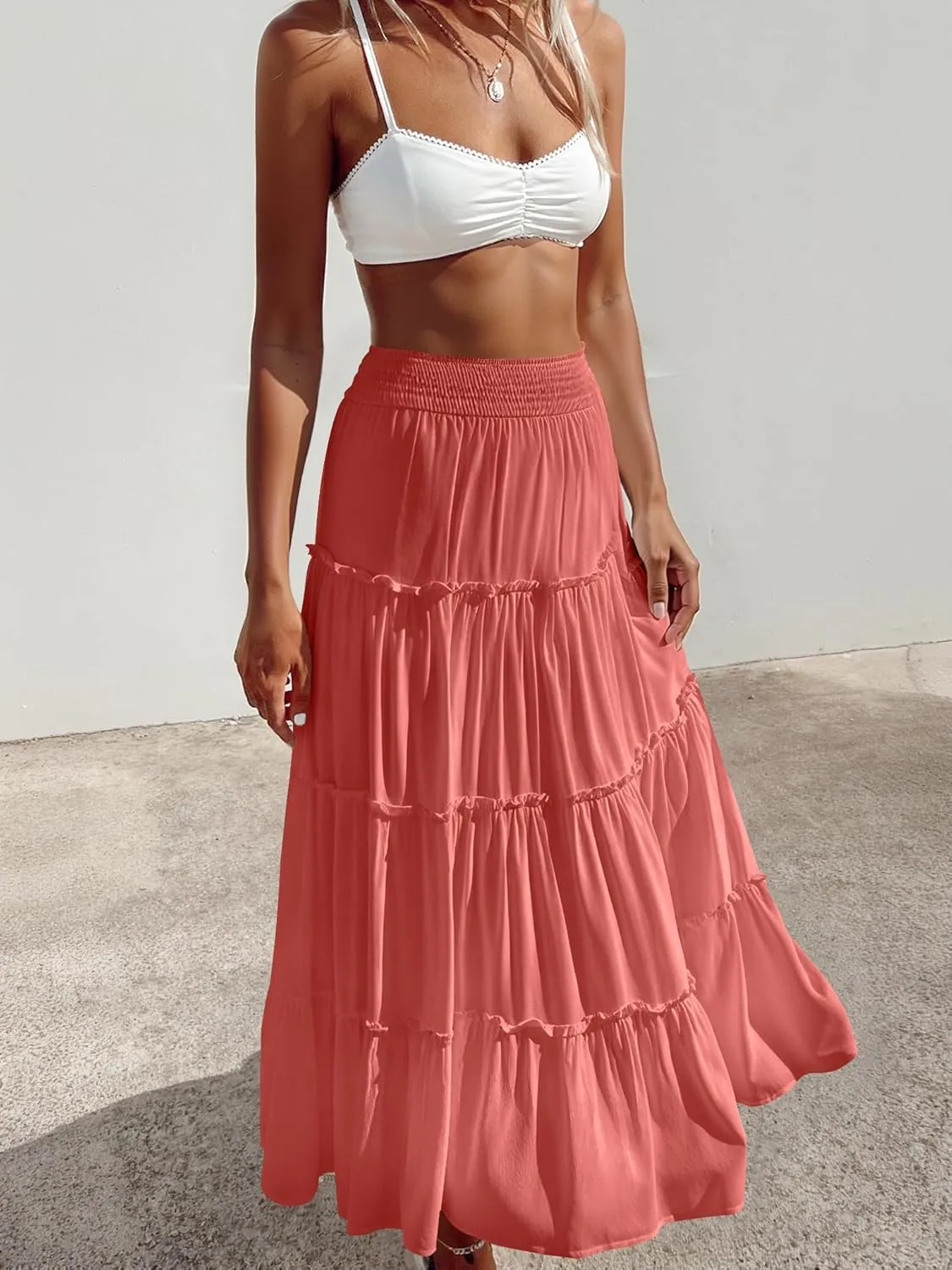 Womens Summer Boho Maxi Skirts Smocked High Wasited Flowy Tiered Ruffle A Line Long Beach Skirt