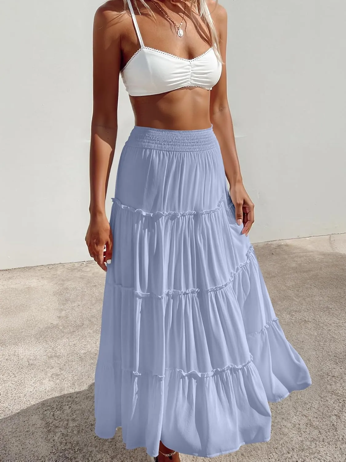 Womens Summer Boho Maxi Skirts Smocked High Wasited Flowy Tiered Ruffle A Line Long Beach Skirt