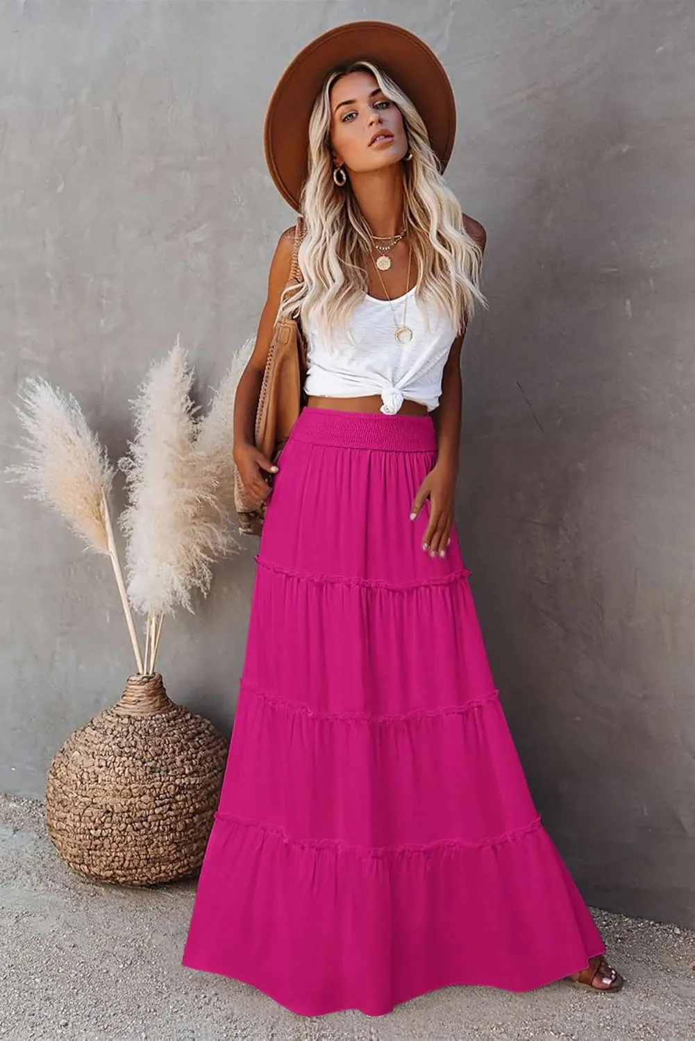 Womens Summer Boho Maxi Skirts Smocked High Wasited Flowy Tiered Ruffle A Line Long Beach Skirt