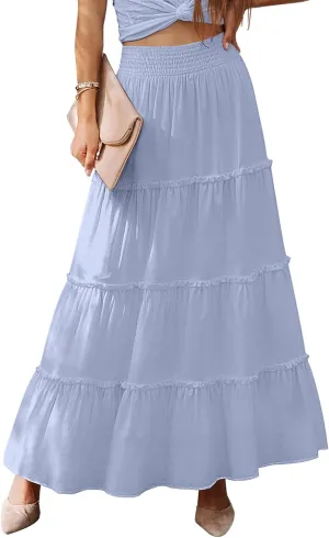 Womens Summer Boho Maxi Skirts Smocked High Wasited Flowy Tiered Ruffle A Line Long Beach Skirt