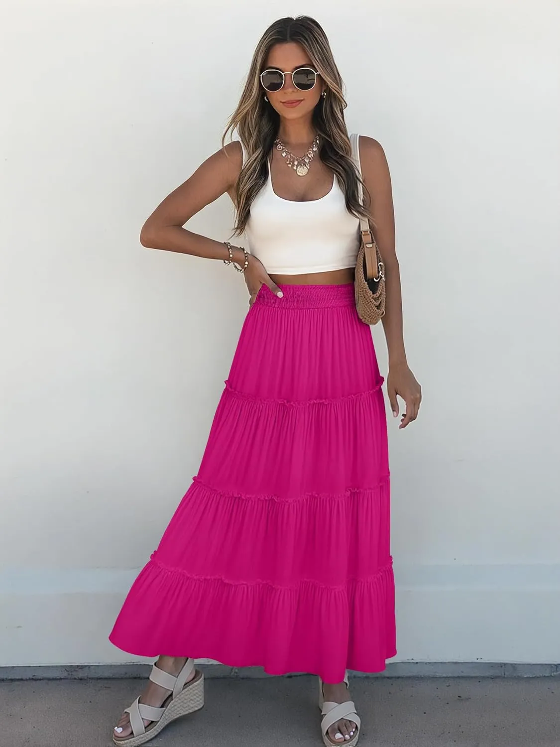 Womens Summer Boho Maxi Skirts Smocked High Wasited Flowy Tiered Ruffle A Line Long Beach Skirt