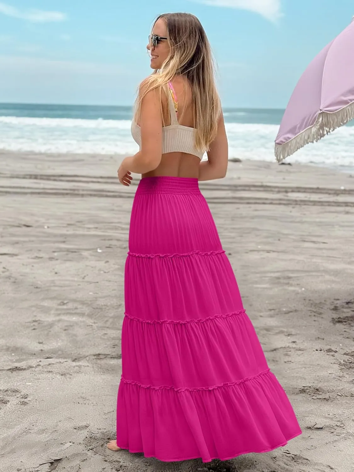 Womens Summer Boho Maxi Skirts Smocked High Wasited Flowy Tiered Ruffle A Line Long Beach Skirt