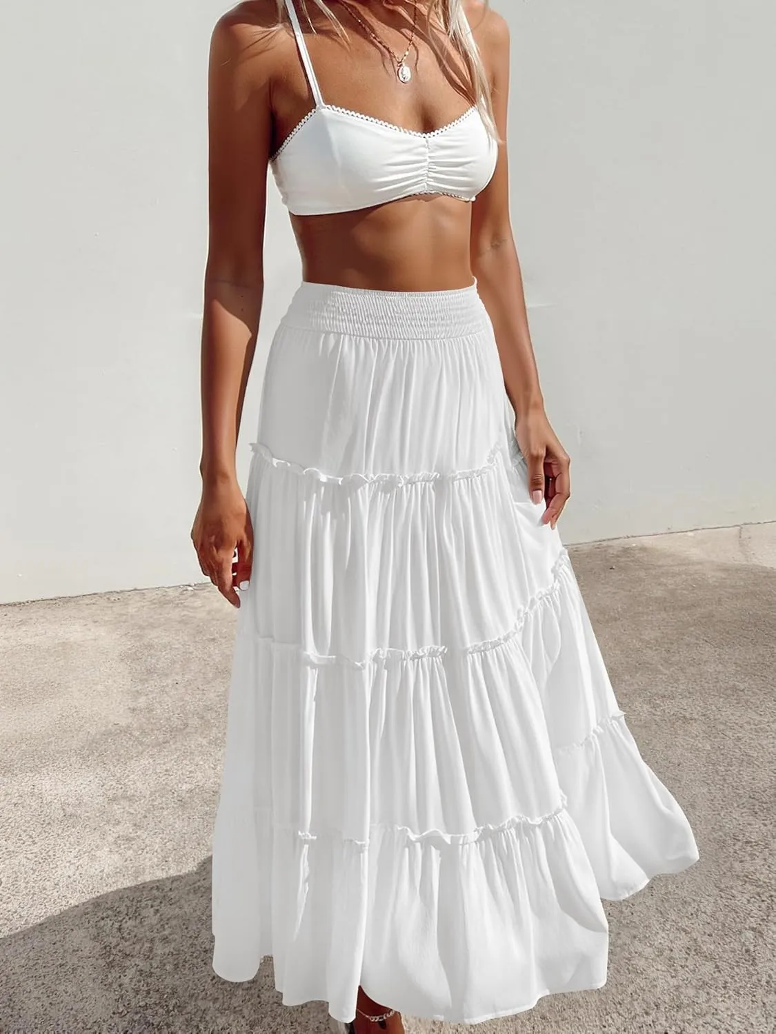 Womens Summer Boho Maxi Skirts Smocked High Wasited Flowy Tiered Ruffle A Line Long Beach Skirt