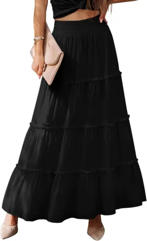 Womens Summer Boho Maxi Skirts Smocked High Wasited Flowy Tiered Ruffle A Line Long Beach Skirt