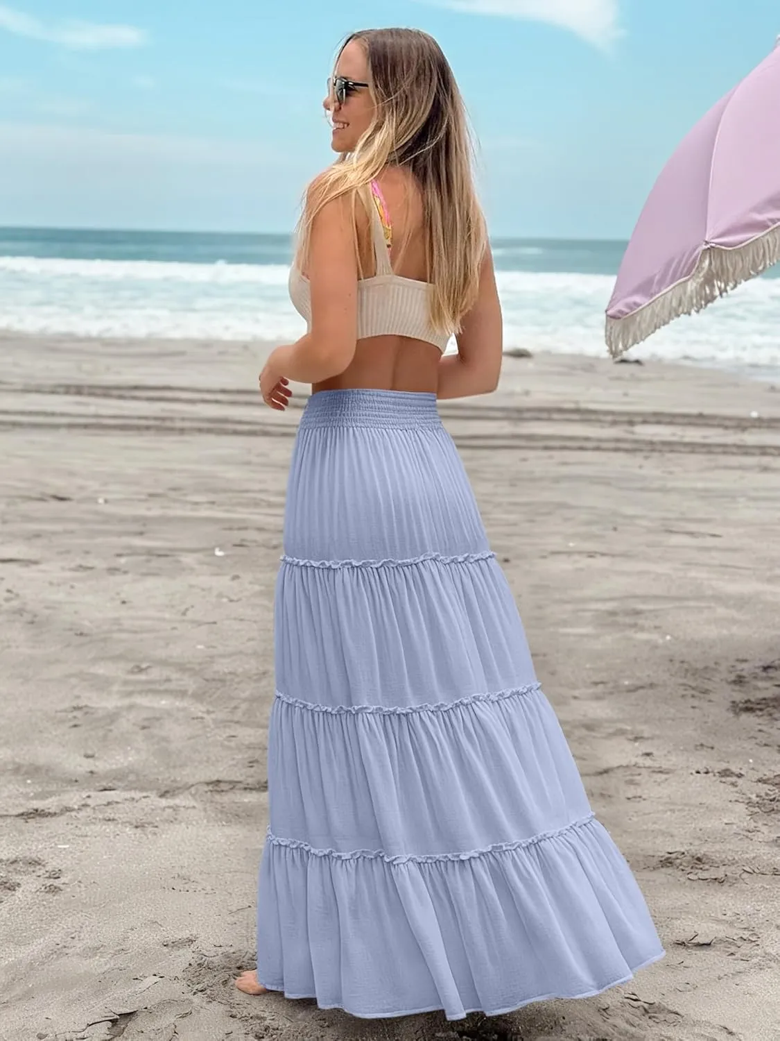 Womens Summer Boho Maxi Skirts Smocked High Wasited Flowy Tiered Ruffle A Line Long Beach Skirt