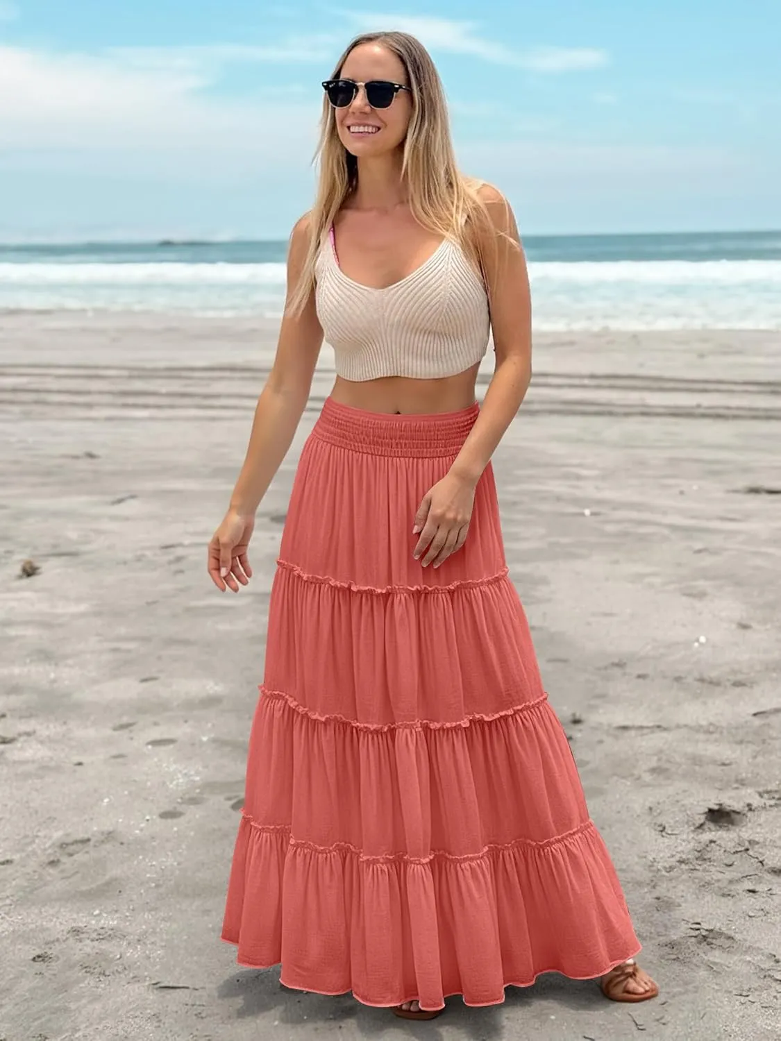Womens Summer Boho Maxi Skirts Smocked High Wasited Flowy Tiered Ruffle A Line Long Beach Skirt