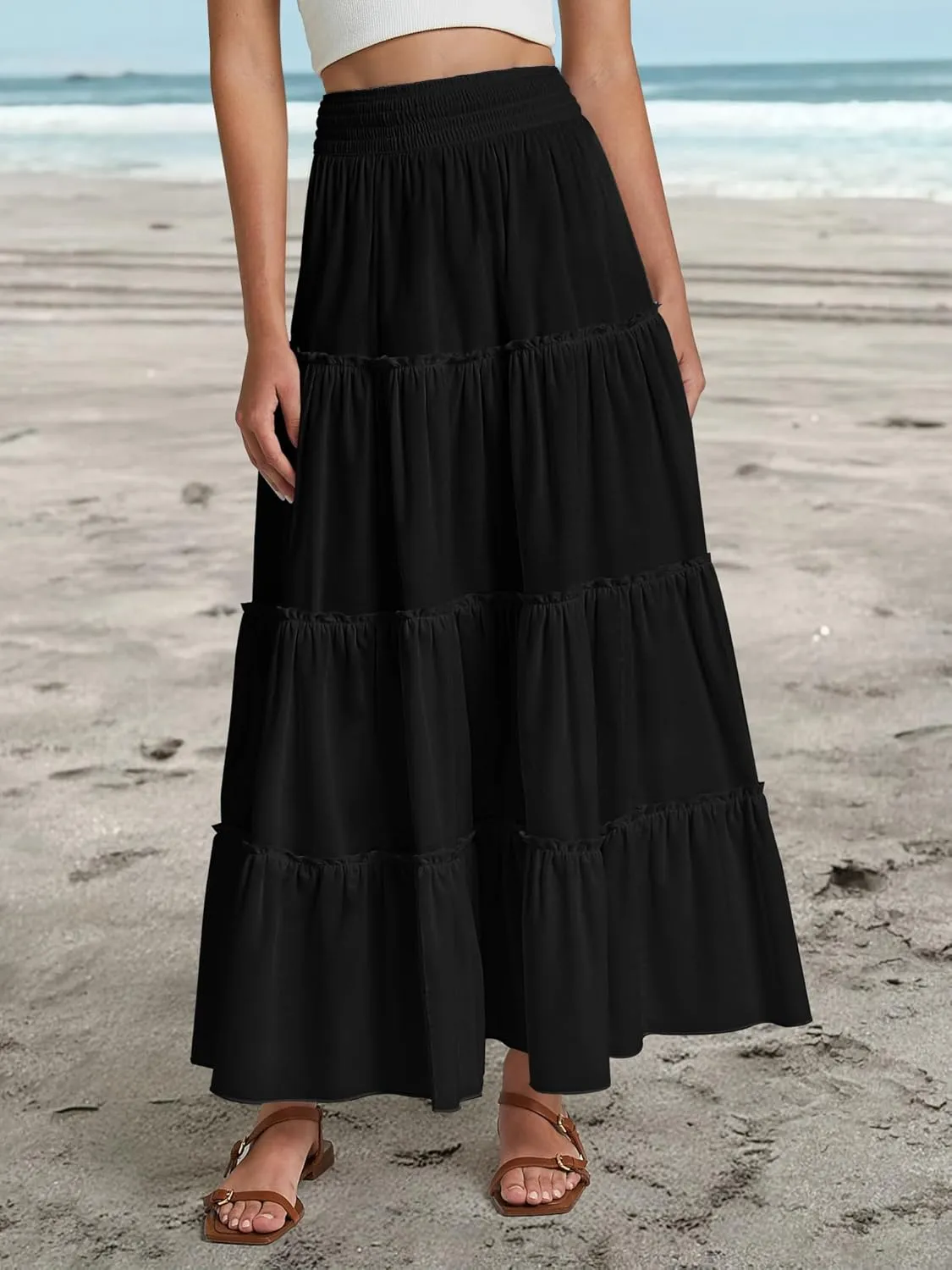 Womens Summer Boho Maxi Skirts Smocked High Wasited Flowy Tiered Ruffle A Line Long Beach Skirt