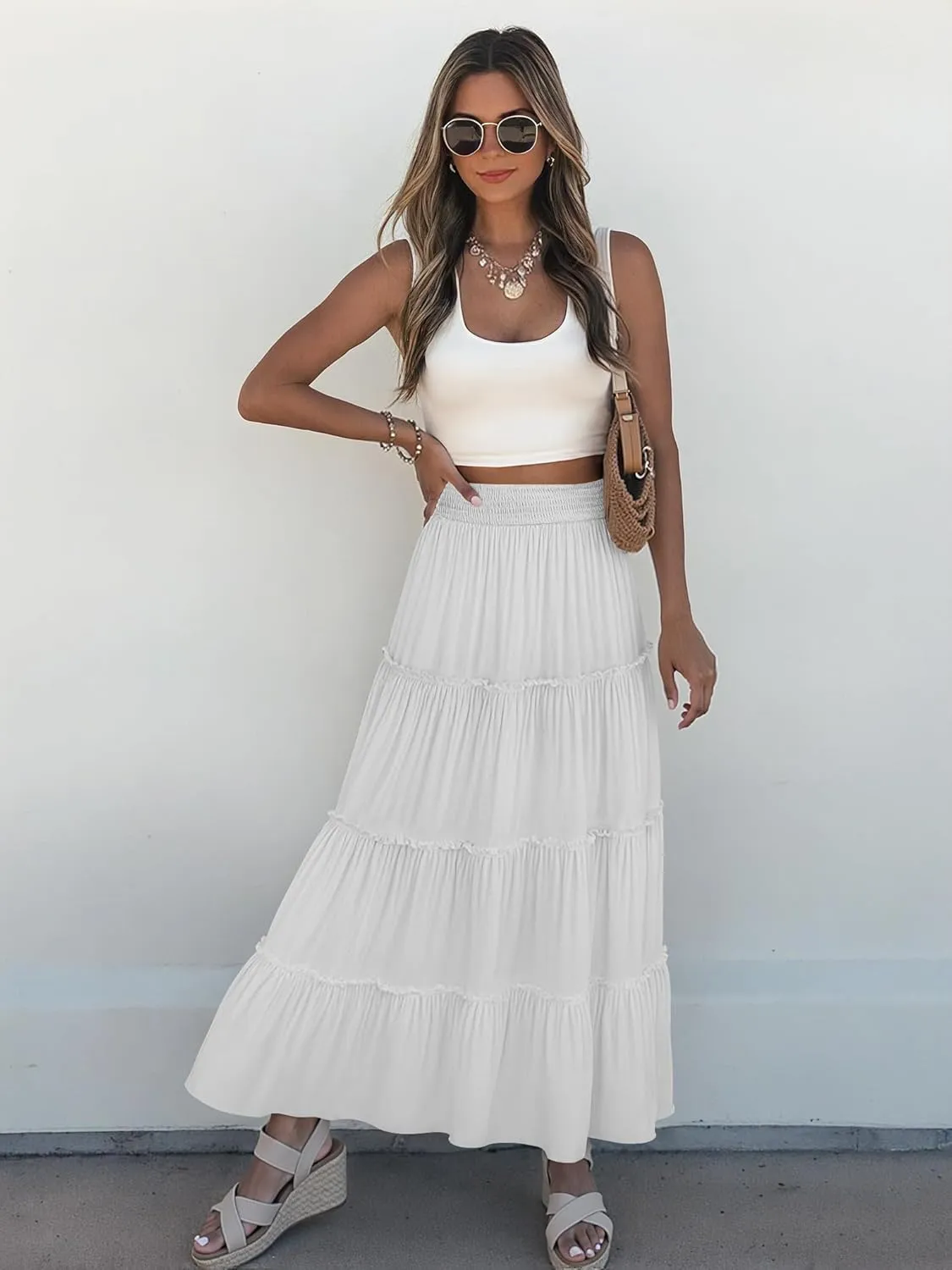 Womens Summer Boho Maxi Skirts Smocked High Wasited Flowy Tiered Ruffle A Line Long Beach Skirt