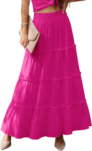 Womens Summer Boho Maxi Skirts Smocked High Wasited Flowy Tiered Ruffle A Line Long Beach Skirt