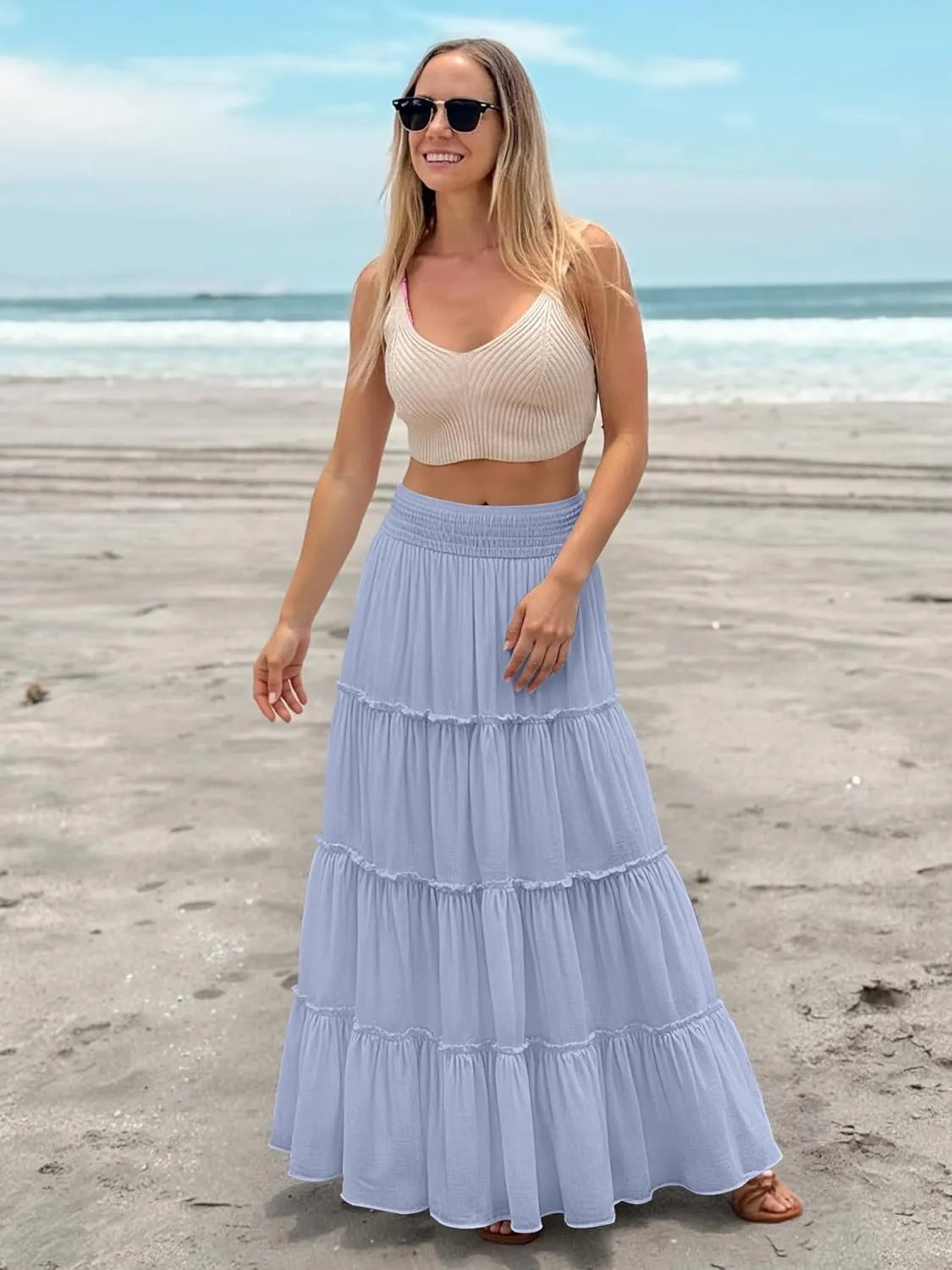 Womens Summer Boho Maxi Skirts Smocked High Wasited Flowy Tiered Ruffle A Line Long Beach Skirt