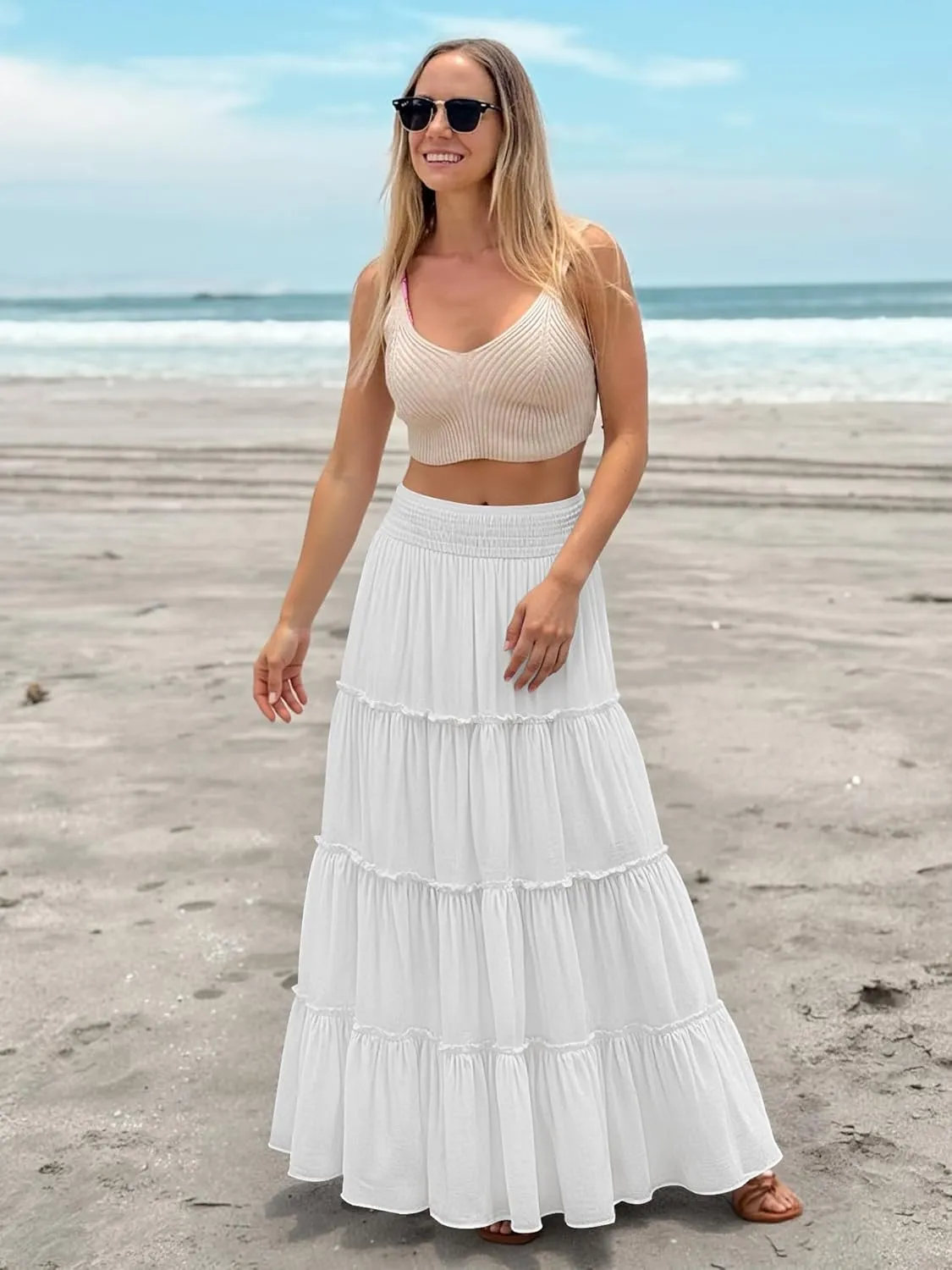 Womens Summer Boho Maxi Skirts Smocked High Wasited Flowy Tiered Ruffle A Line Long Beach Skirt