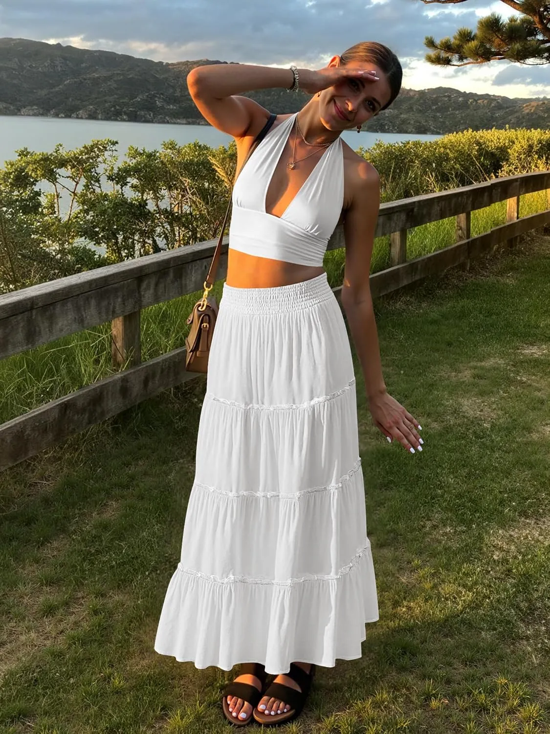 Womens Summer Boho Maxi Skirts Smocked High Wasited Flowy Tiered Ruffle A Line Long Beach Skirt