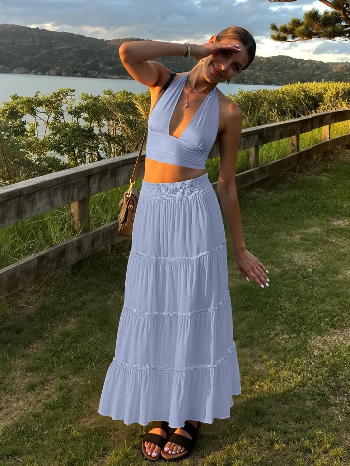 Womens Summer Boho Maxi Skirts Smocked High Wasited Flowy Tiered Ruffle A Line Long Beach Skirt
