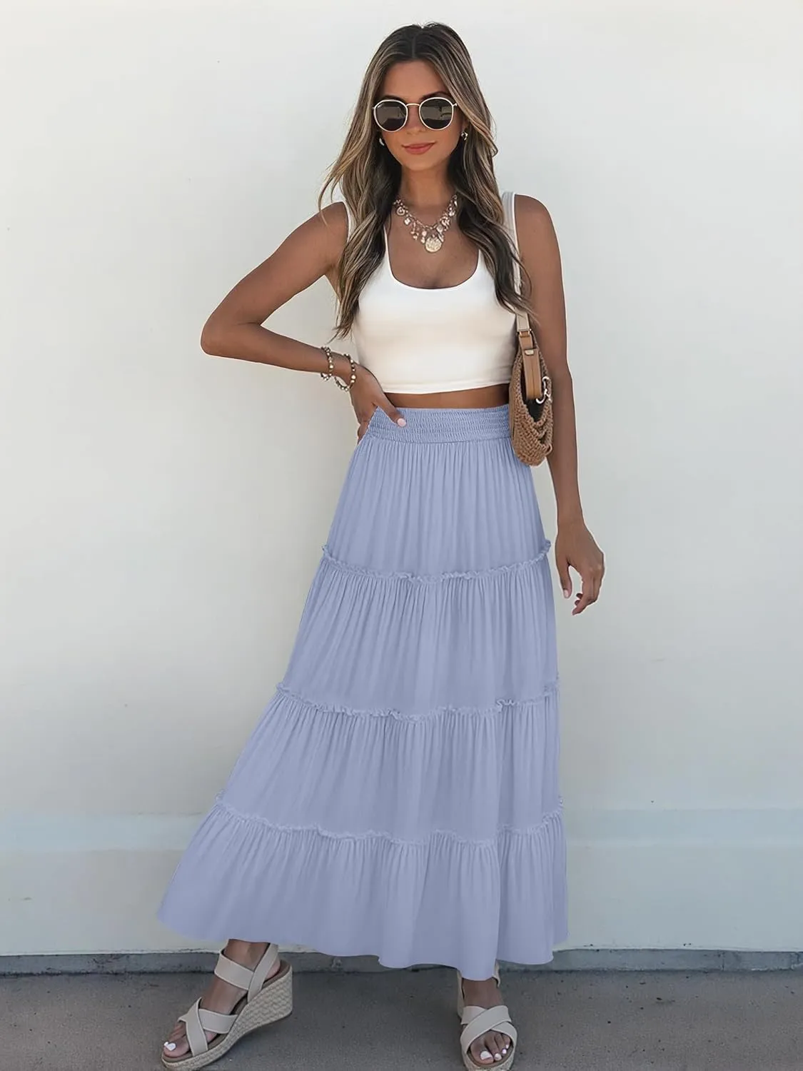 Womens Summer Boho Maxi Skirts Smocked High Wasited Flowy Tiered Ruffle A Line Long Beach Skirt