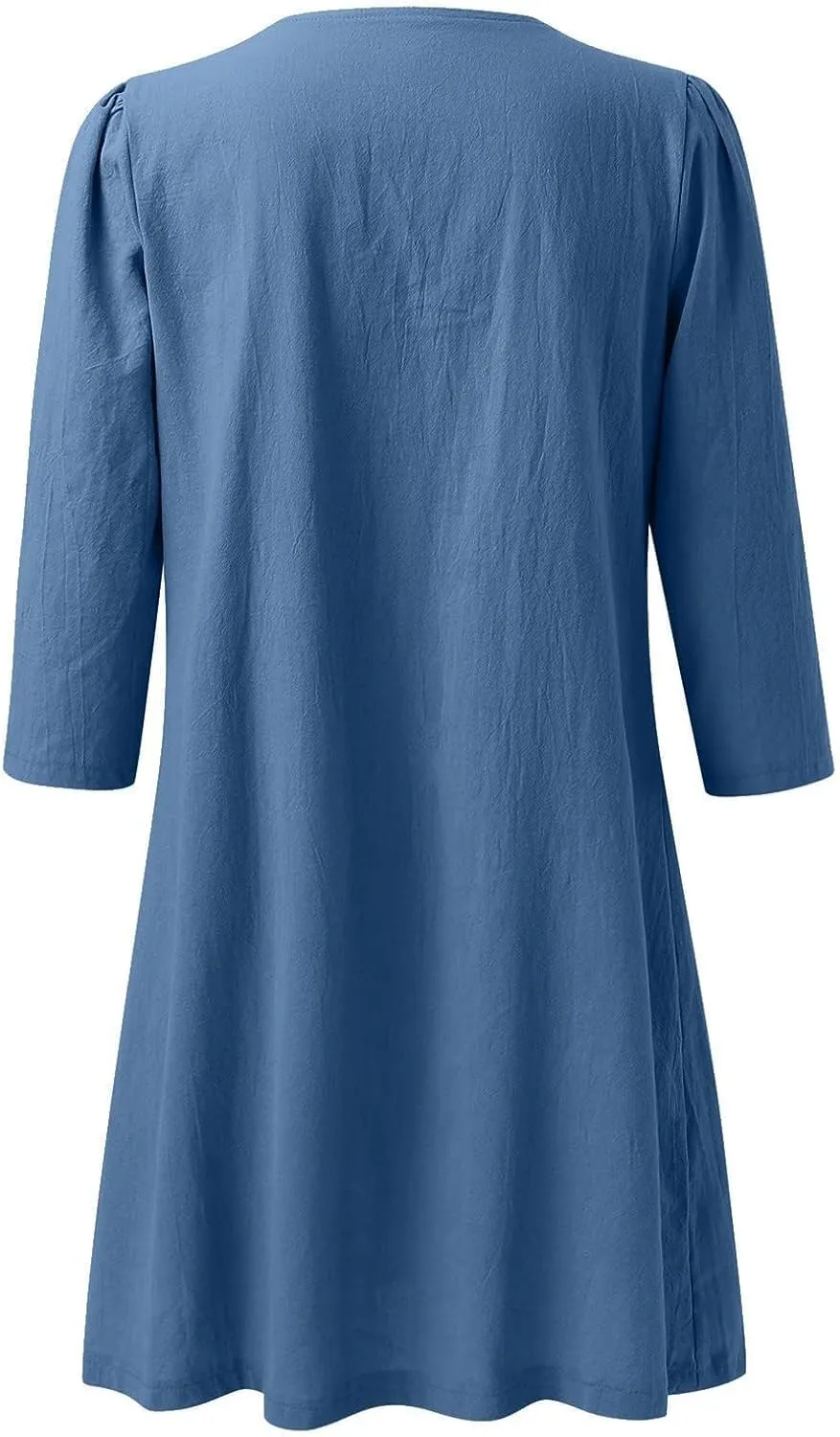Womens Summer Cotton Linen V Neck Dresses Casual Half Sleeve Solid Color Midi Dress with Pockets