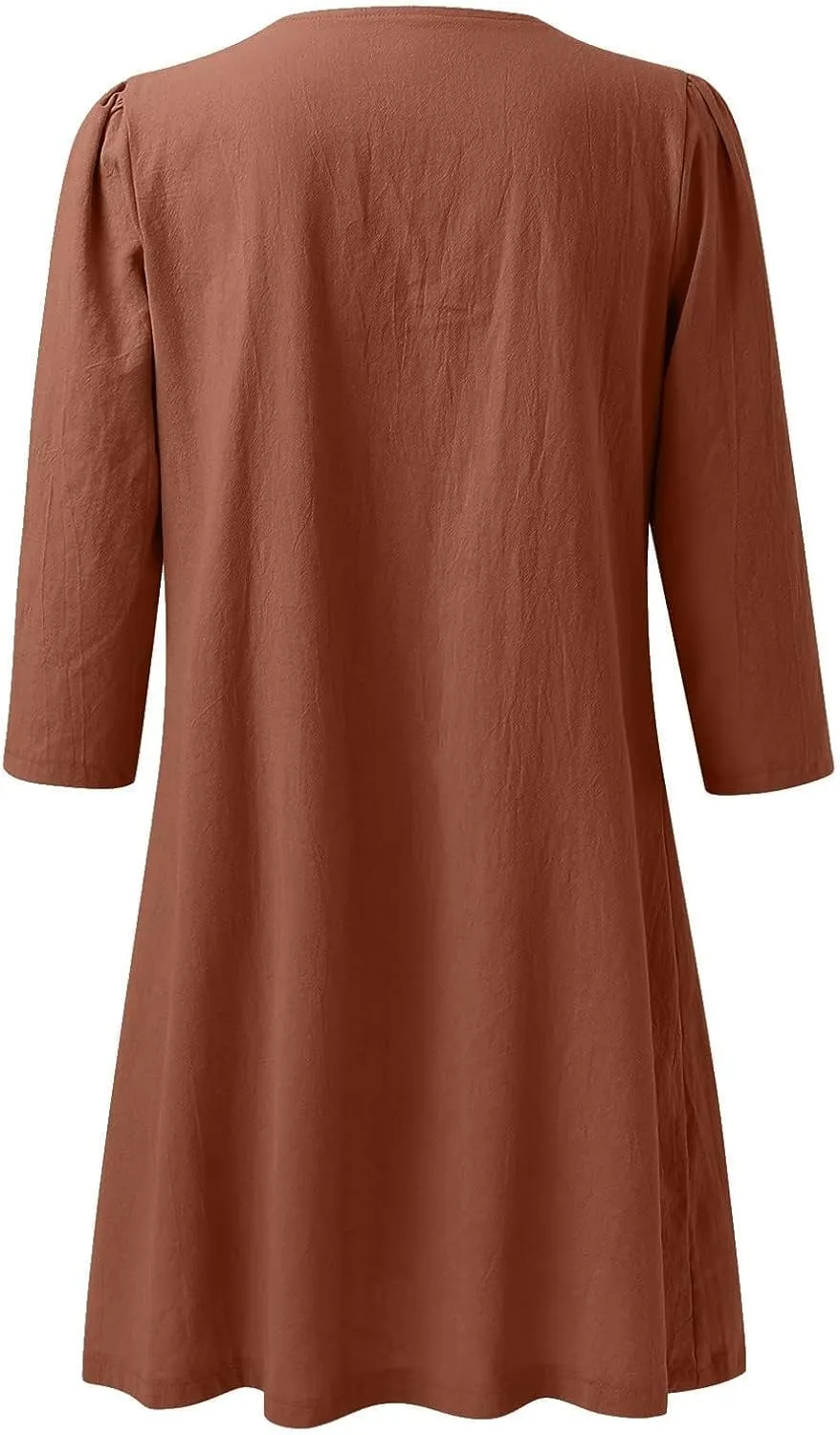 Womens Summer Cotton Linen V Neck Dresses Casual Half Sleeve Solid Color Midi Dress with Pockets