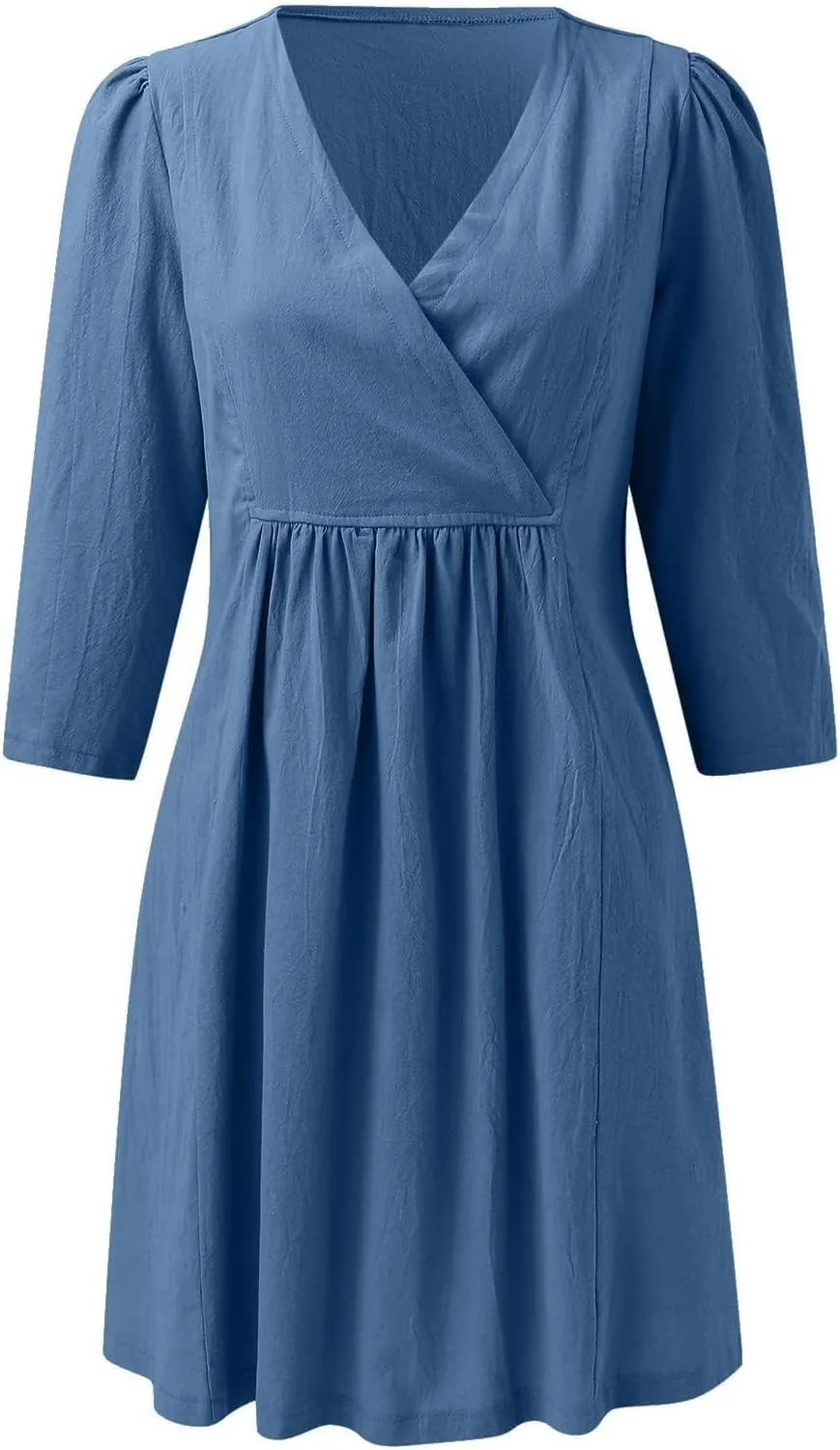 Womens Summer Cotton Linen V Neck Dresses Casual Half Sleeve Solid Color Midi Dress with Pockets