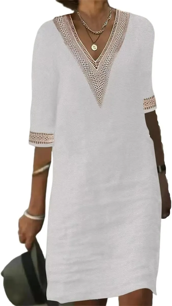 Womens Summer Cotton Linen V Neck Dresses Casual Half Sleeve Solid Color Midi Dress with Pockets