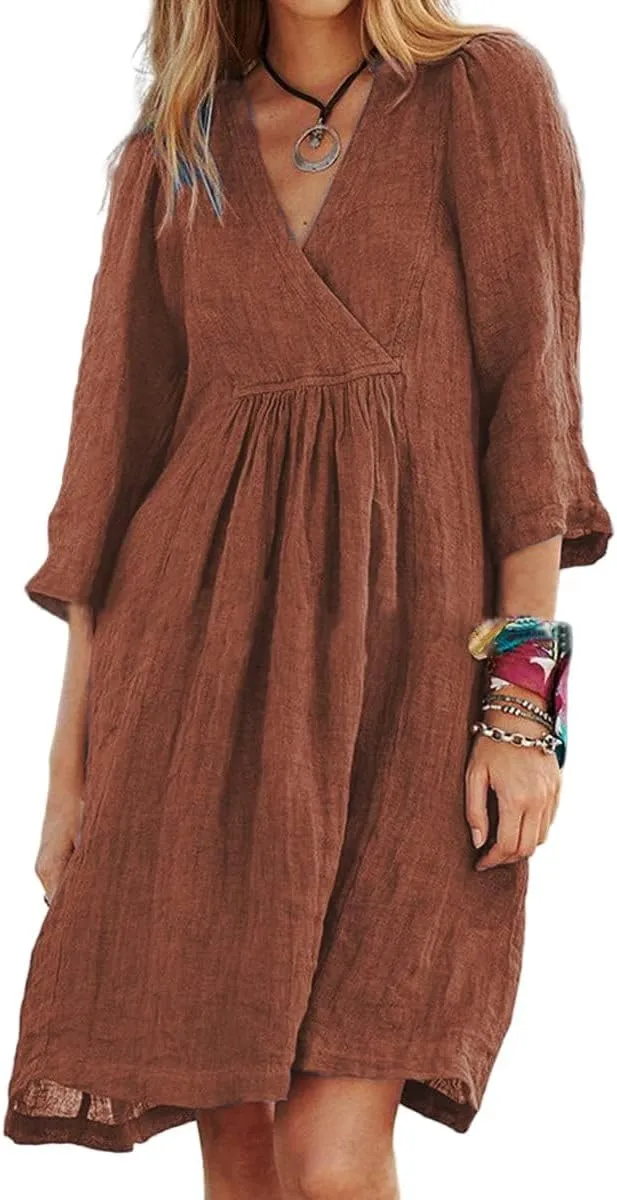 Womens Summer Cotton Linen V Neck Dresses Casual Half Sleeve Solid Color Midi Dress with Pockets