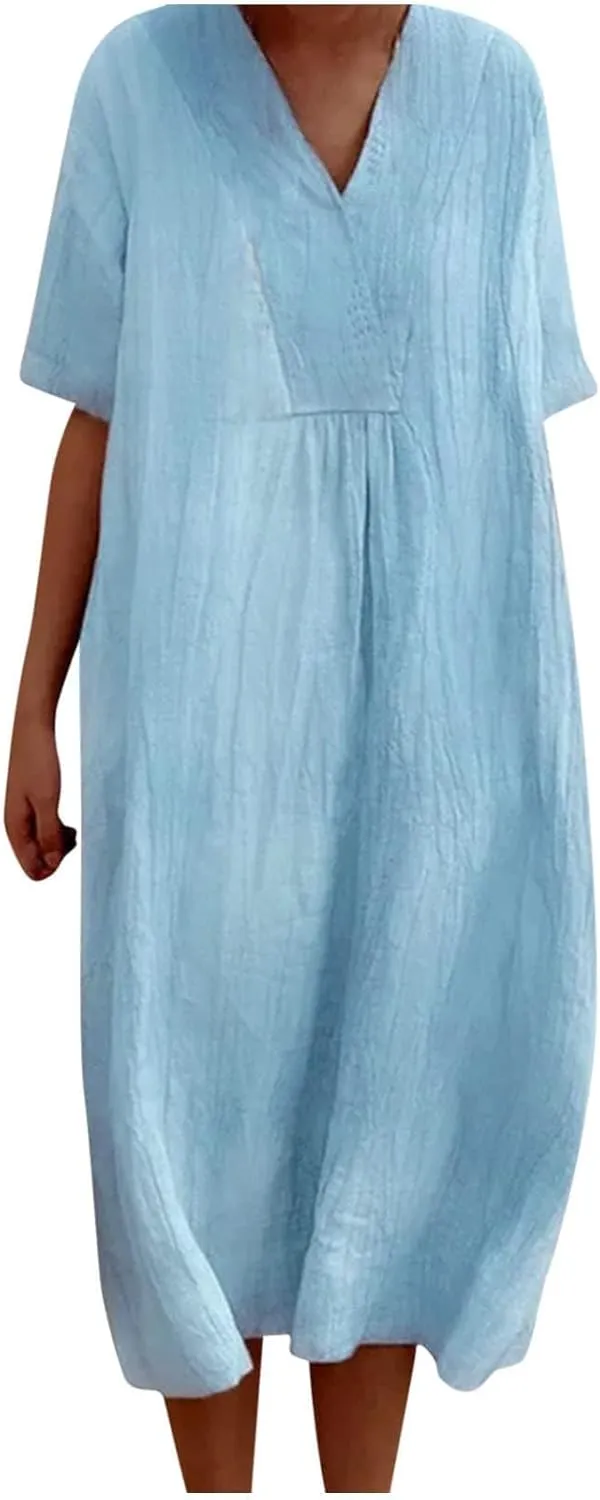 Womens Summer Cotton Linen V Neck Dresses Casual Half Sleeve Solid Color Midi Dress with Pockets