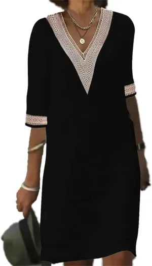 Womens Summer Cotton Linen V Neck Dresses Casual Half Sleeve Solid Color Midi Dress with Pockets