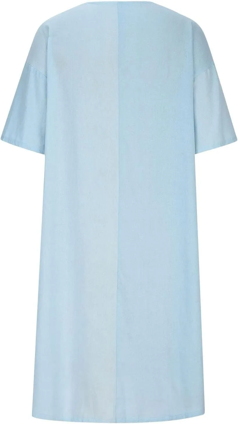 Womens Summer Cotton Linen V Neck Dresses Casual Half Sleeve Solid Color Midi Dress with Pockets