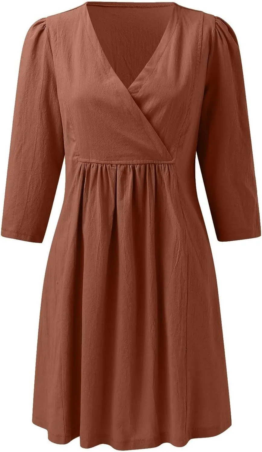 Womens Summer Cotton Linen V Neck Dresses Casual Half Sleeve Solid Color Midi Dress with Pockets