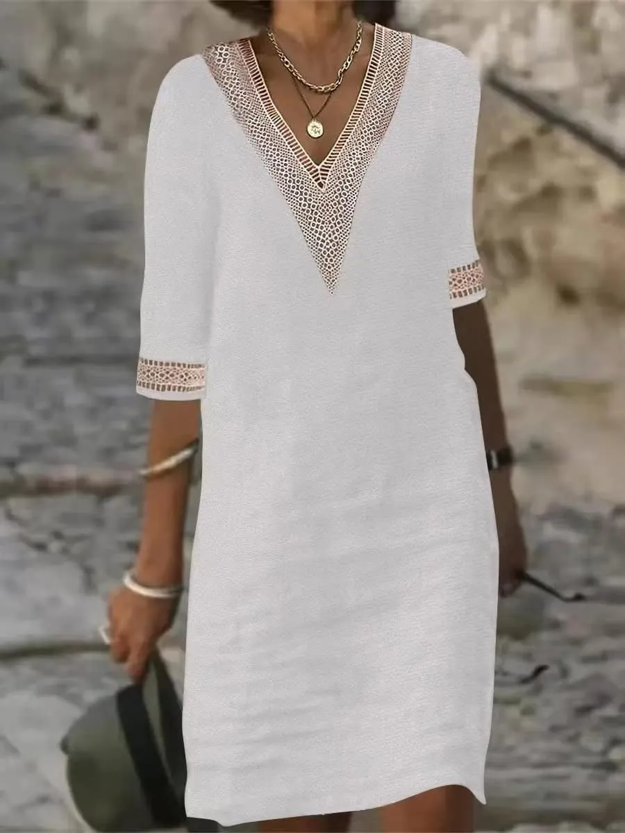 Womens Summer Cotton Linen V Neck Dresses Casual Half Sleeve Solid Color Midi Dress with Pockets