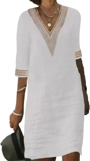 Womens Summer Cotton Linen V Neck Dresses Casual Half Sleeve Solid Color Midi Dress with Pockets
