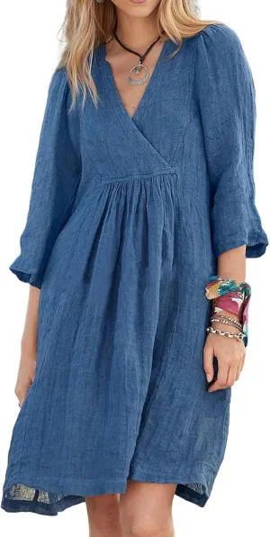 Womens Summer Cotton Linen V Neck Dresses Casual Half Sleeve Solid Color Midi Dress with Pockets