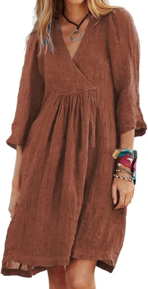 Womens Summer Cotton Linen V Neck Dresses Casual Half Sleeve Solid Color Midi Dress with Pockets