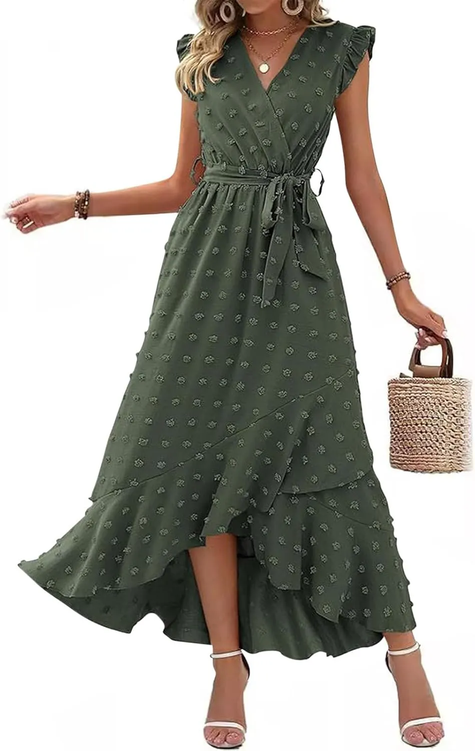Womens Summer Dress 2025 V Neck Cap Sleeve Swiss Dots Boho Flowy Ruffle Slit Beach Long Maxi Cocktail Party Dresses