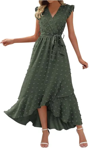 Womens Summer Dress 2025 V Neck Cap Sleeve Swiss Dots Boho Flowy Ruffle Slit Beach Long Maxi Cocktail Party Dresses