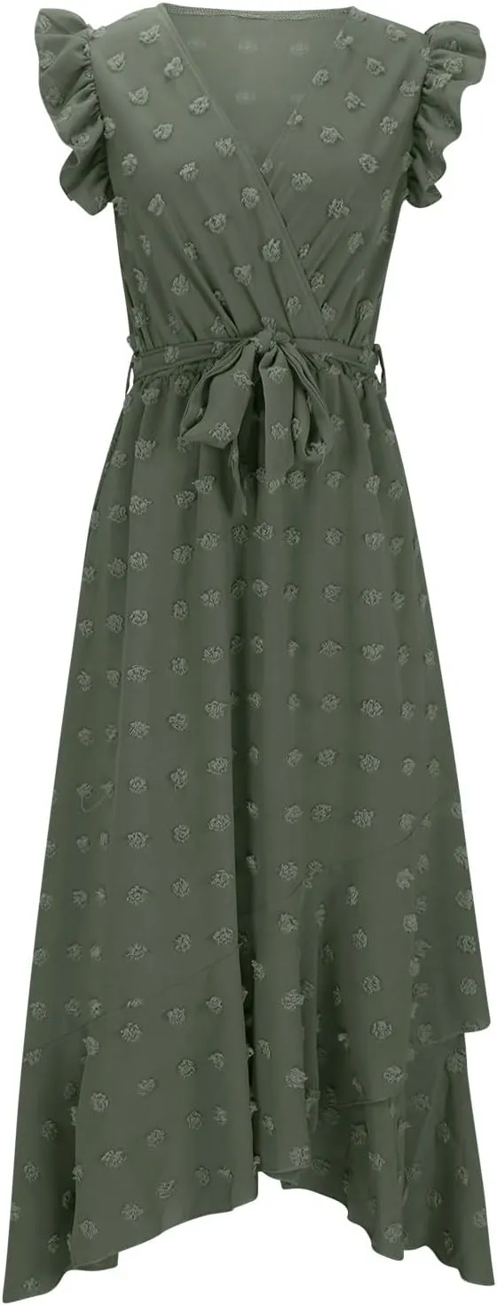 Womens Summer Dress 2025 V Neck Cap Sleeve Swiss Dots Boho Flowy Ruffle Slit Beach Long Maxi Cocktail Party Dresses