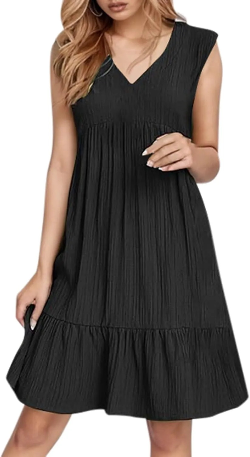 Womens Summer Dress Sleeveless V Neck Mini Dresses Fashion Casual Flowy Boho Ruffle A Line Swing Sundress 2025
