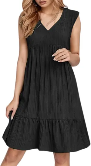 Womens Summer Dress Sleeveless V Neck Mini Dresses Fashion Casual Flowy Boho Ruffle A Line Swing Sundress 2025