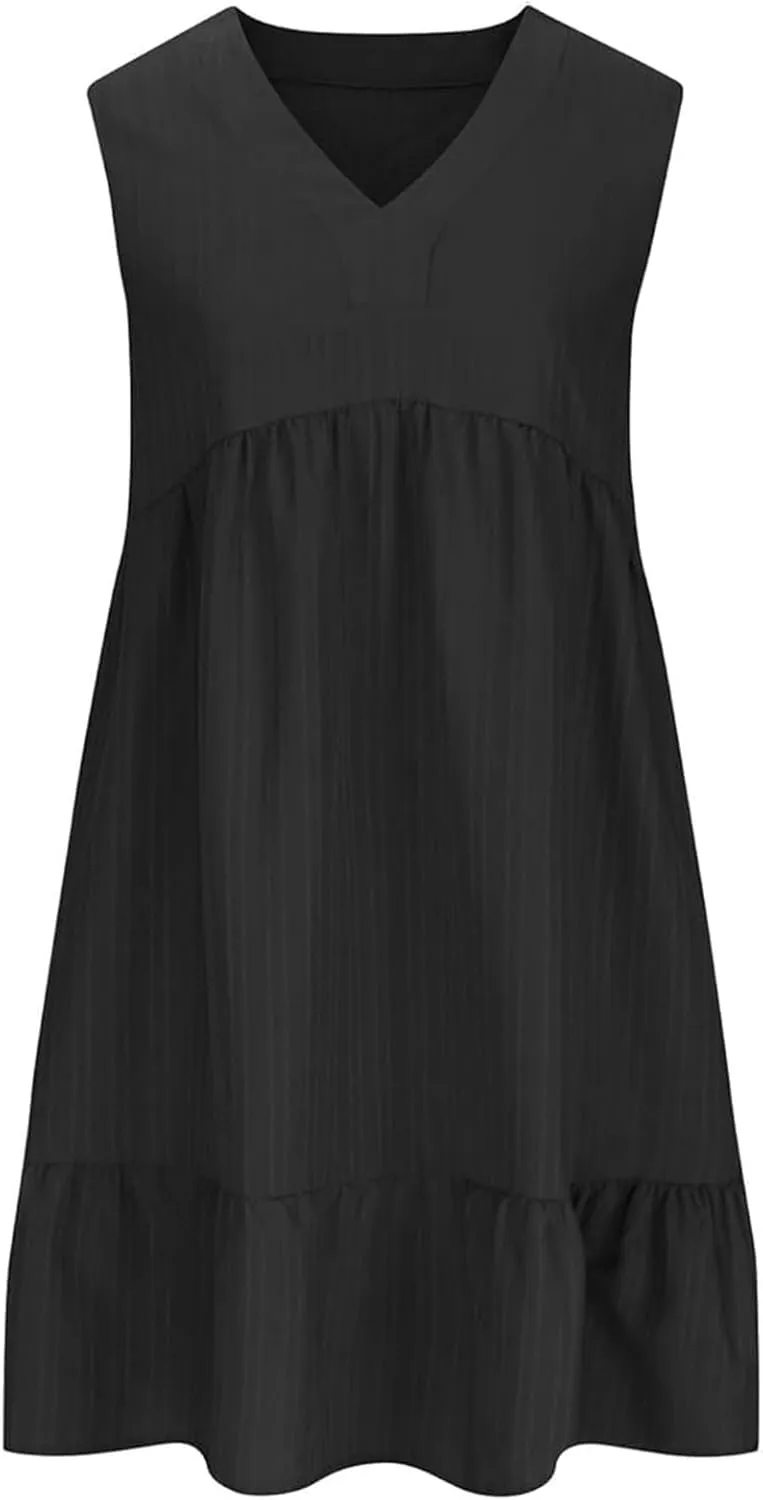 Womens Summer Dress Sleeveless V Neck Mini Dresses Fashion Casual Flowy Boho Ruffle A Line Swing Sundress 2025