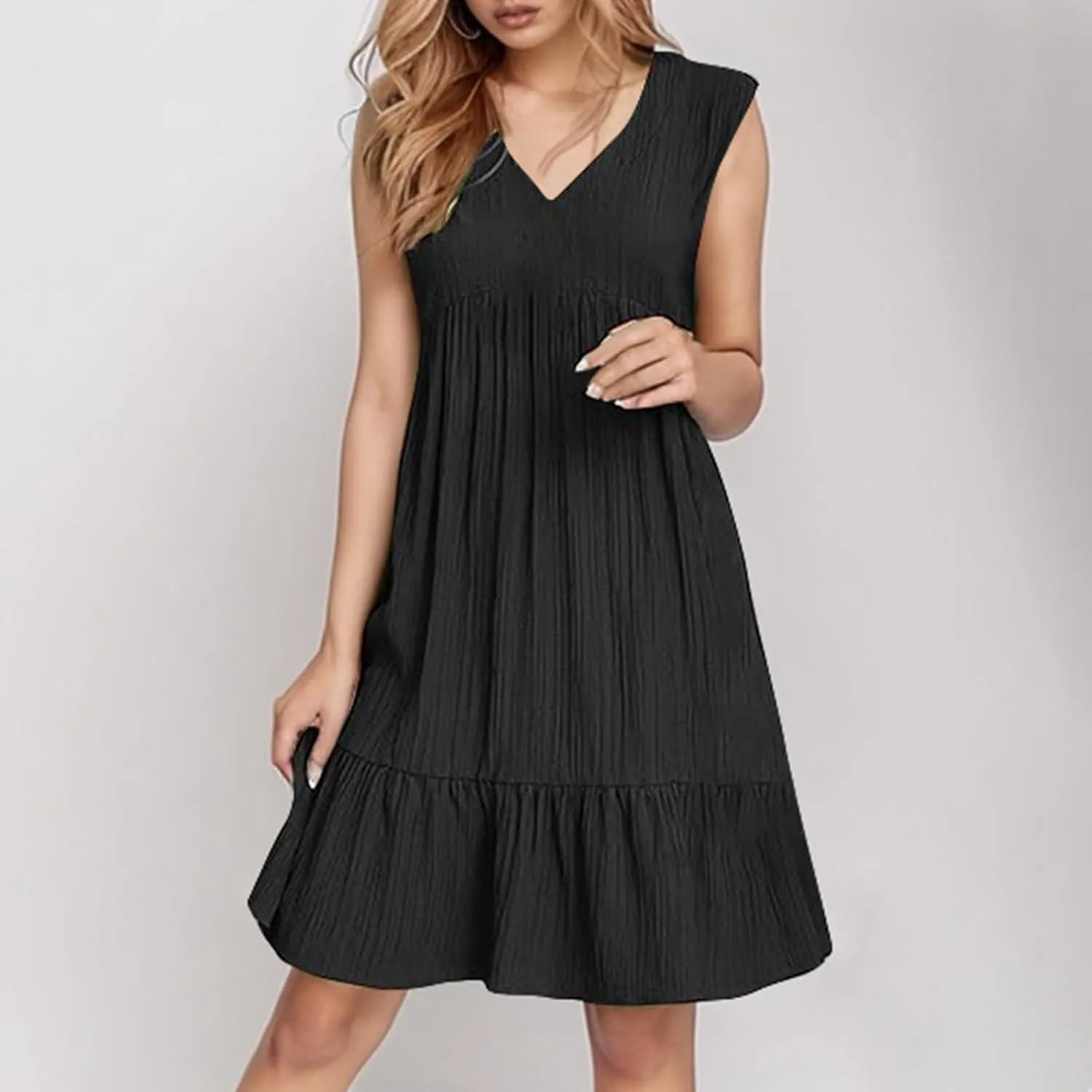 Womens Summer Dress Sleeveless V Neck Mini Dresses Fashion Casual Flowy Boho Ruffle A Line Swing Sundress 2025