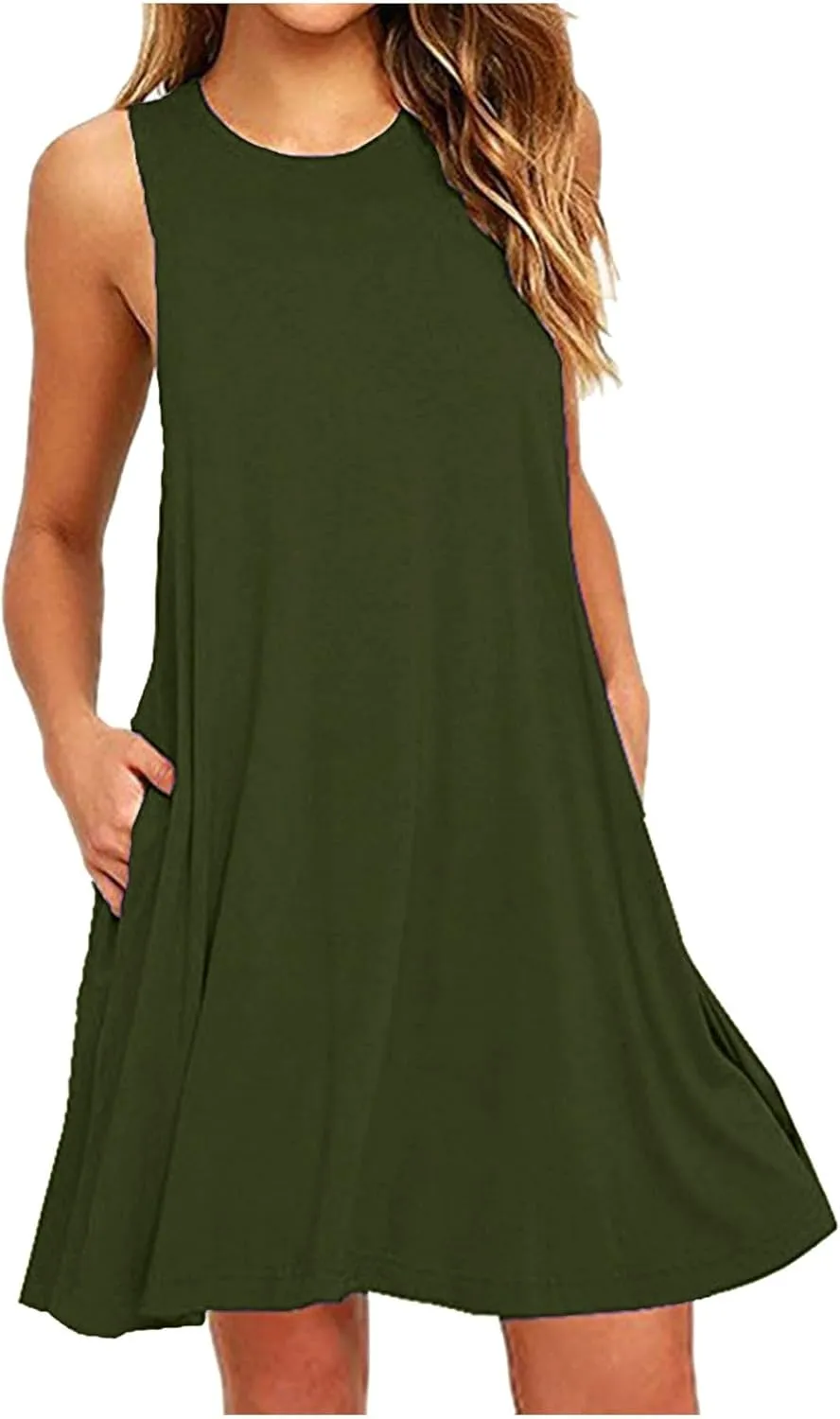 Womens Summer Dresses 2024 Casual Solid Color Sleeveless Sun Dresses Ladies Loose Fit Crewneck Swing Dress