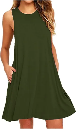 Womens Summer Dresses 2024 Casual Solid Color Sleeveless Sun Dresses Ladies Loose Fit Crewneck Swing Dress